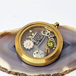Origami Owl Brass Tone Locket Necklace With Floating Charms Love Bird Flower